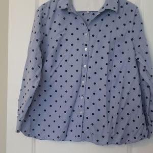Button down chambray shirt with navy polka dots